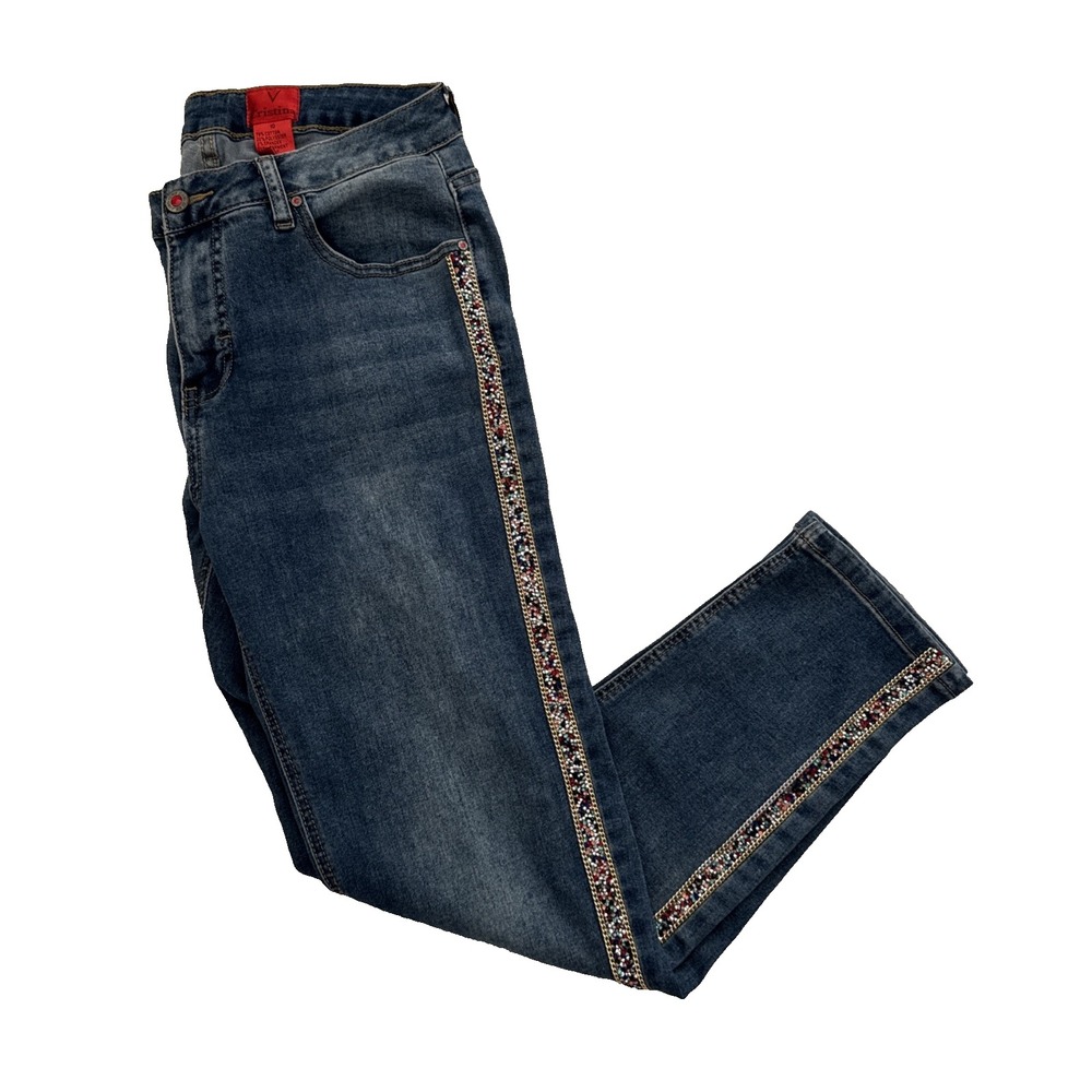 V Christina Mid-Rise Denim Stretch Jeans Jewel Embellished Sides Women's Size 10